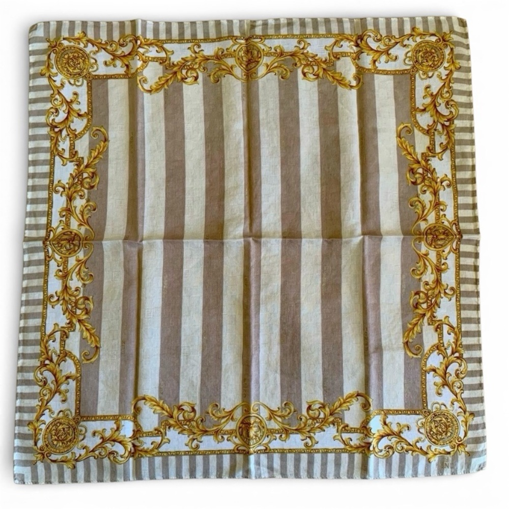 Vintage Fendi Baroque Stripe Cotton Handkerchief Designer Pocket Square
